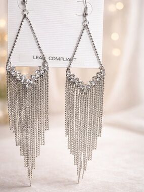 Silver Rhinestone Fringe Drop Earrings - Women Jewelry